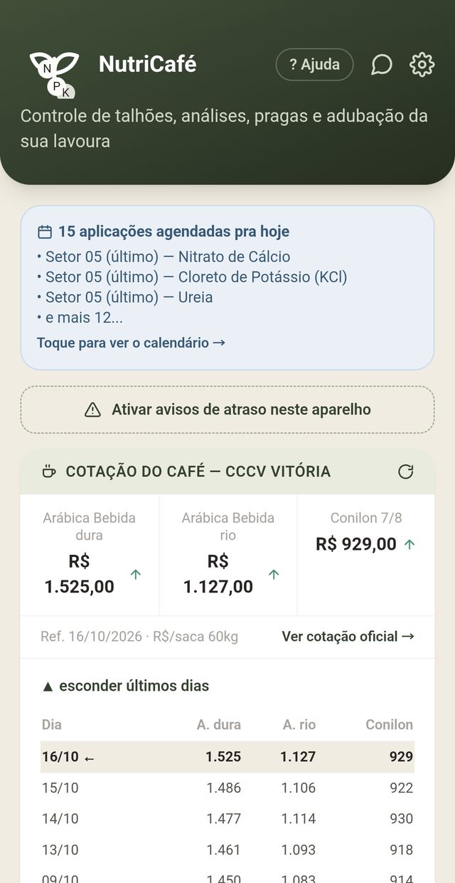 Tela inicial com avisos, cotação e atalhos